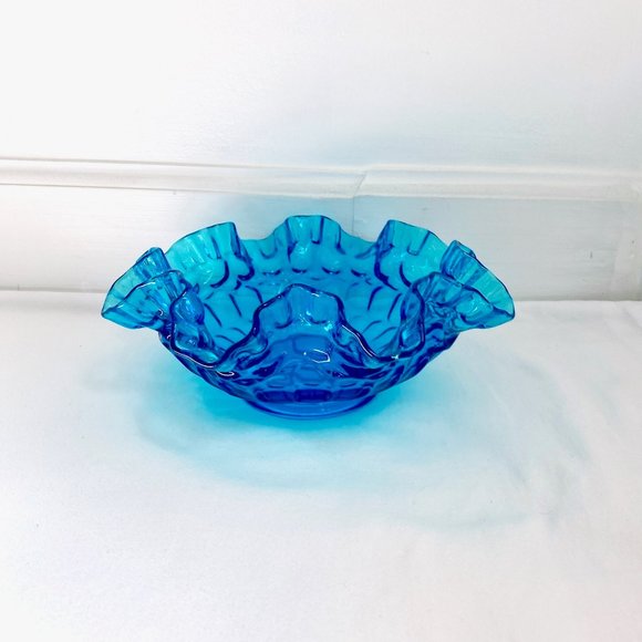FENTON TURQUOISE GLASS RUFFLE EDGE CREST BOWL BRIDES BOWL (9") - Picture 2 of 9